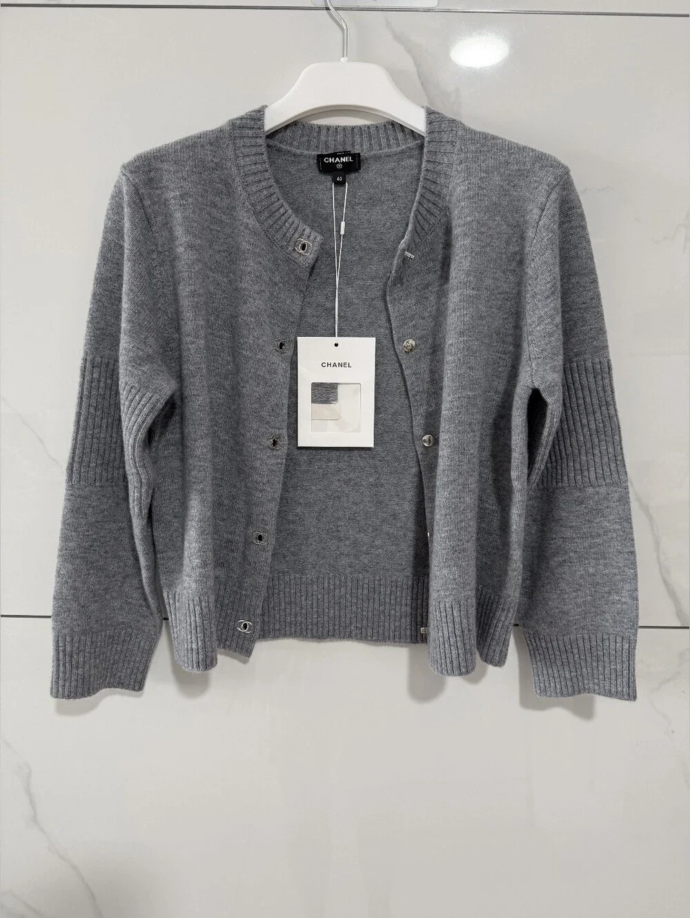 Chanel Gray Crewneck Cashmere Blend Cardigan Sweater